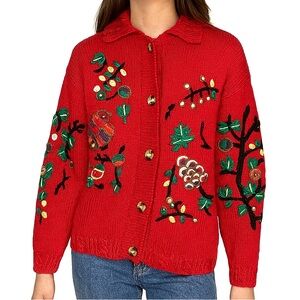 The Import Workshop Sweater Cardigan Embroidered Knit Button Up Red Womens Large